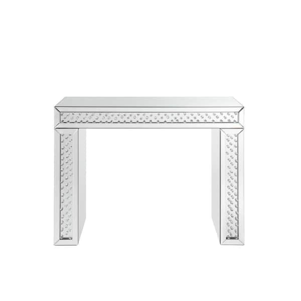 Benjara Silver Mirror Accented Wood and Glass Vanity Desk with Faux Crystal Inlay