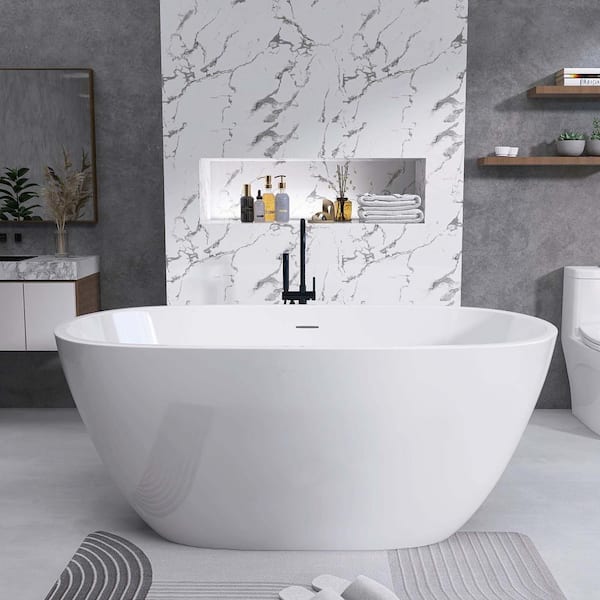 ANGELES HOME 55 in. x 29.5 in. Oval Soaking Bathtub with Overflow, Chrome Pop-Up Drain Anti-Clogging in Gloss White