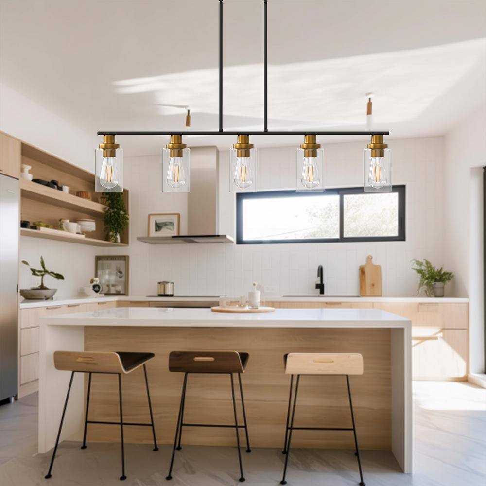 Matte Black and Gold 5-Light Linear Island Pendant with Clear Glass Shades