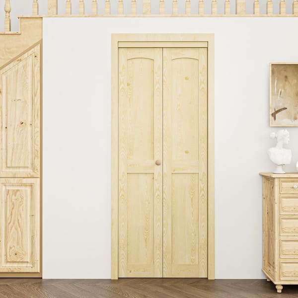 30 in. x 80 in. Arch Panel 2-Lite Solid Core Unfinished Pine Wood Interior Closet Bi-fold Door with Hardware