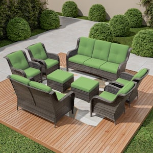 8-Piece Wicker Patio Conversation Set Yard Garden Porch with Green Cushions