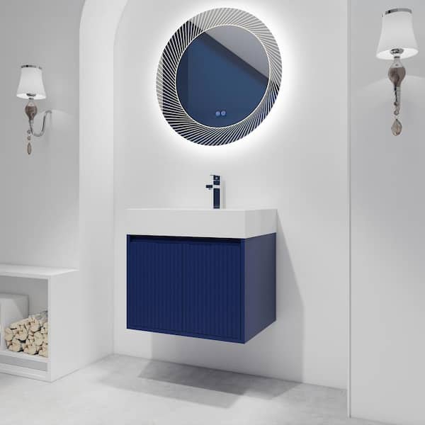 Unbranded 24 in. W Wall Mounted Bath Vanity in Navy Blue with White Cultured Marble Top