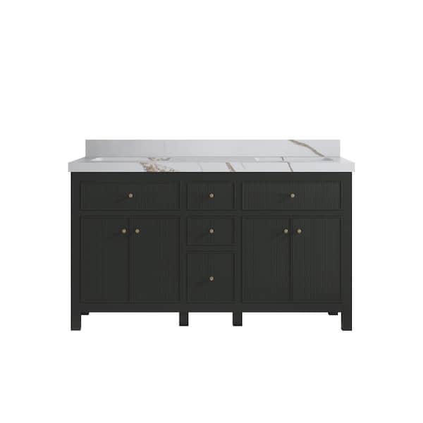 Willow Collections Sonoma 60 in. Double Sink Freestanding Black Top Bath Vanity with Calacatta Gold Quartz Top Unassembled