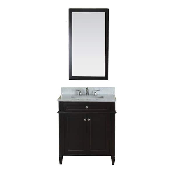 null Samantha 30 in. W x 22 in. D Vanity in Espresso with Marble Vanity Top in White with White Basin and Mirror