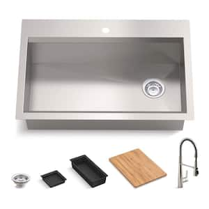 Lassen 33 in. Drop-in/Undermount Single Bowl Stainless Steel Kitchen Workstation Sink with Faucet and Accessories