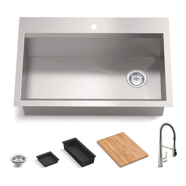 Lassen 33 in. Drop-in Single Bowl Stainless Steel Kitchen Workstation Sink with Faucet and Accessories