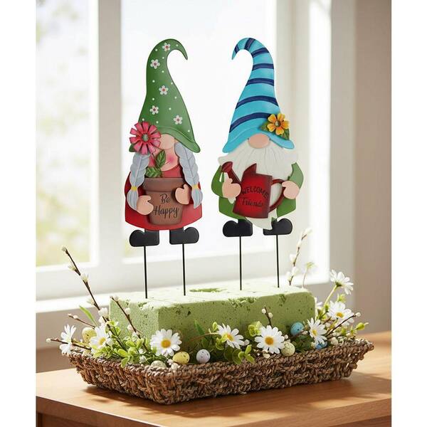 Unbrand 27.6 in. 2-Pack Metal Gnome Garden Stakes - Flower Spring