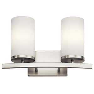 Crosby 15 in. 2-Light Brushed Nickel Contemporary Bathroom Vanity Light with Satin Etched Opal Glass
