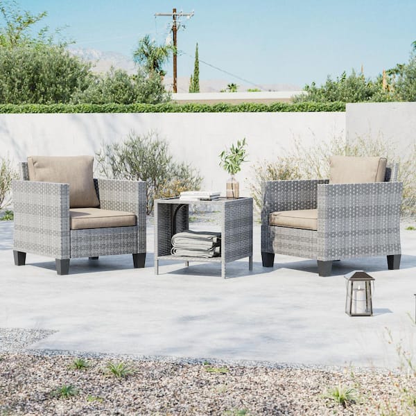 3-Piece Gray Wicker Patio Bistro Set Outdoor Single Sofa Set with Side Table for Outdoor Lawn, Linen Flax Beige Cushions