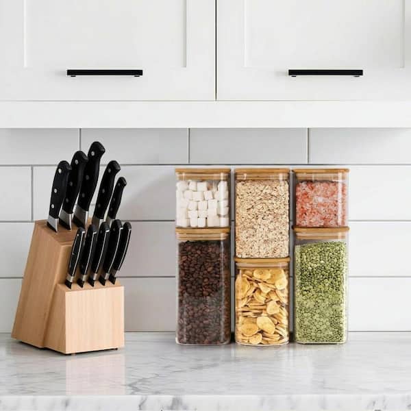 6-Piece Glass Food Storage Canister Set with Airtight Wood Lids, Square Pantry Jars for Cereal, Snacks, Coffee