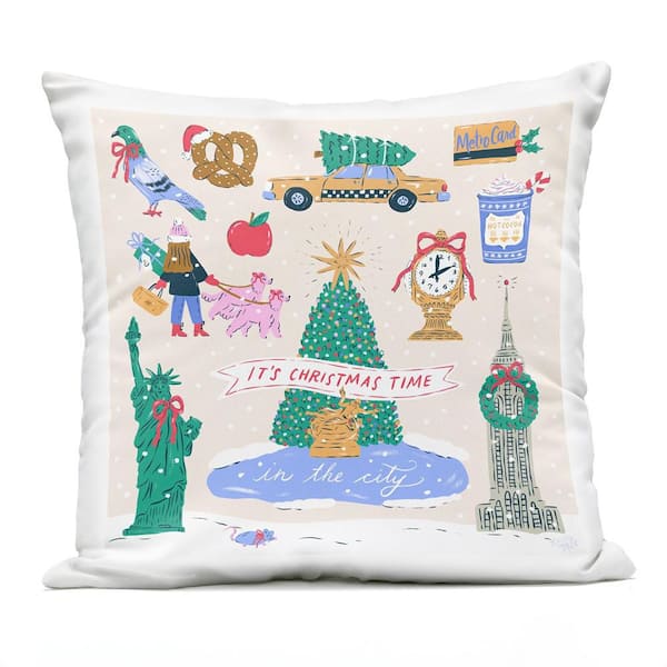 Christmas in New York City Green Square Outdoor Throw Pillow