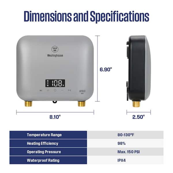 Apolo Mini 6.5 kW 1.32 GPM 240-Volt Smart Point of Use Tankless Electric Water Heater Wifi Enabled, Gray