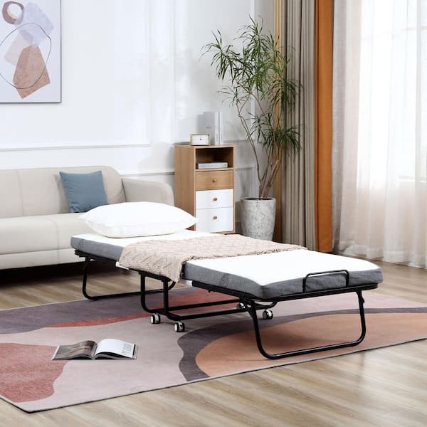 Multi-Colored Full Folding Rollaway Bed with Mattress for Adults, Portable with Memory Foam & Steel Frame, White