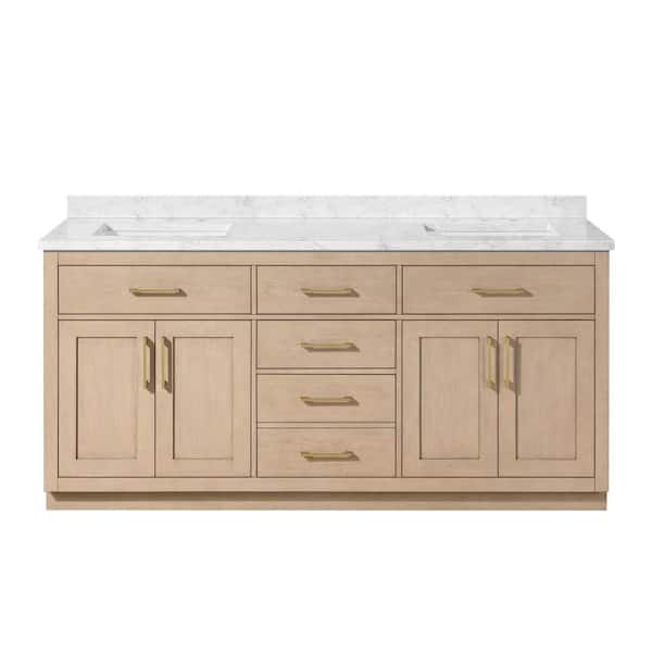 Athea 72 in. Freestanding Sahara Birch Bath Vanity with White Engineered Marble Top, Power Bar and Brushed Gold Hardware