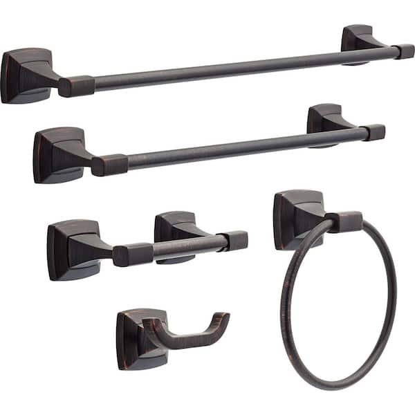 Portwood Bath Hardware Set with 24 in. & 18 in. Towel Bars, Toilet Paper Holder, Ring, Hook in Venetian Bronze (5-Piece)
