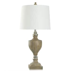 Branson 35.75 in. Brown, Brushed Steel, White Urn Task and Reading Table Lamp for Living Room with White Linen Shade