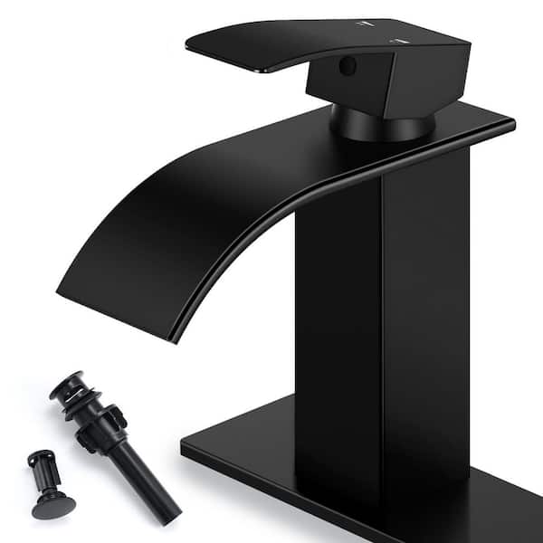 Single Handle Waterfll Spout Single Hole Bathroom Sink Faucet with Drain and Deck Plate in Matte Black