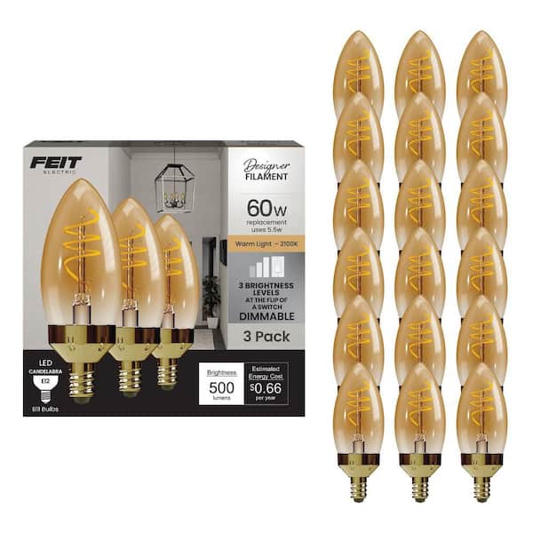 60-Watt Equivalent B11 E12 Dimmable Spiral Filament Amber Chandelier Candle LED Light Bulb Warm White 2100K (18-Pack)