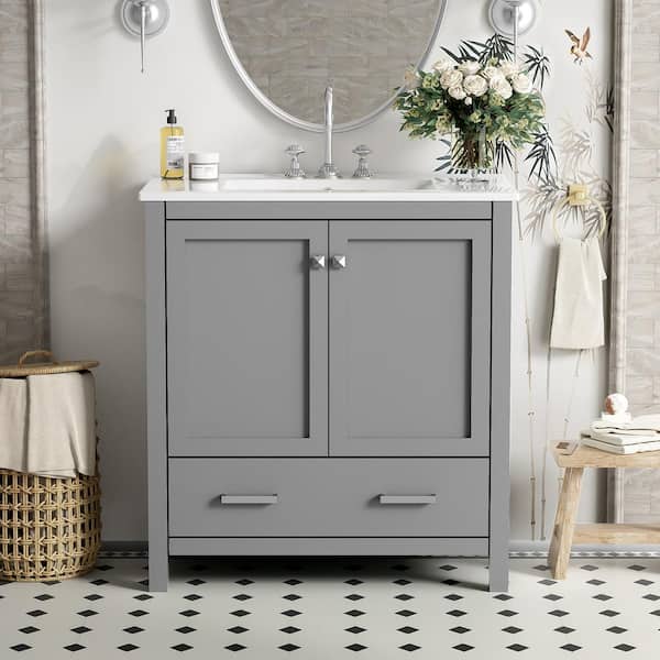 Nivencai 30 in. W Freestanding Gray Bath Vanity with White Ceramic Top, Soft Closing, Multifunctional Storage Unassembled