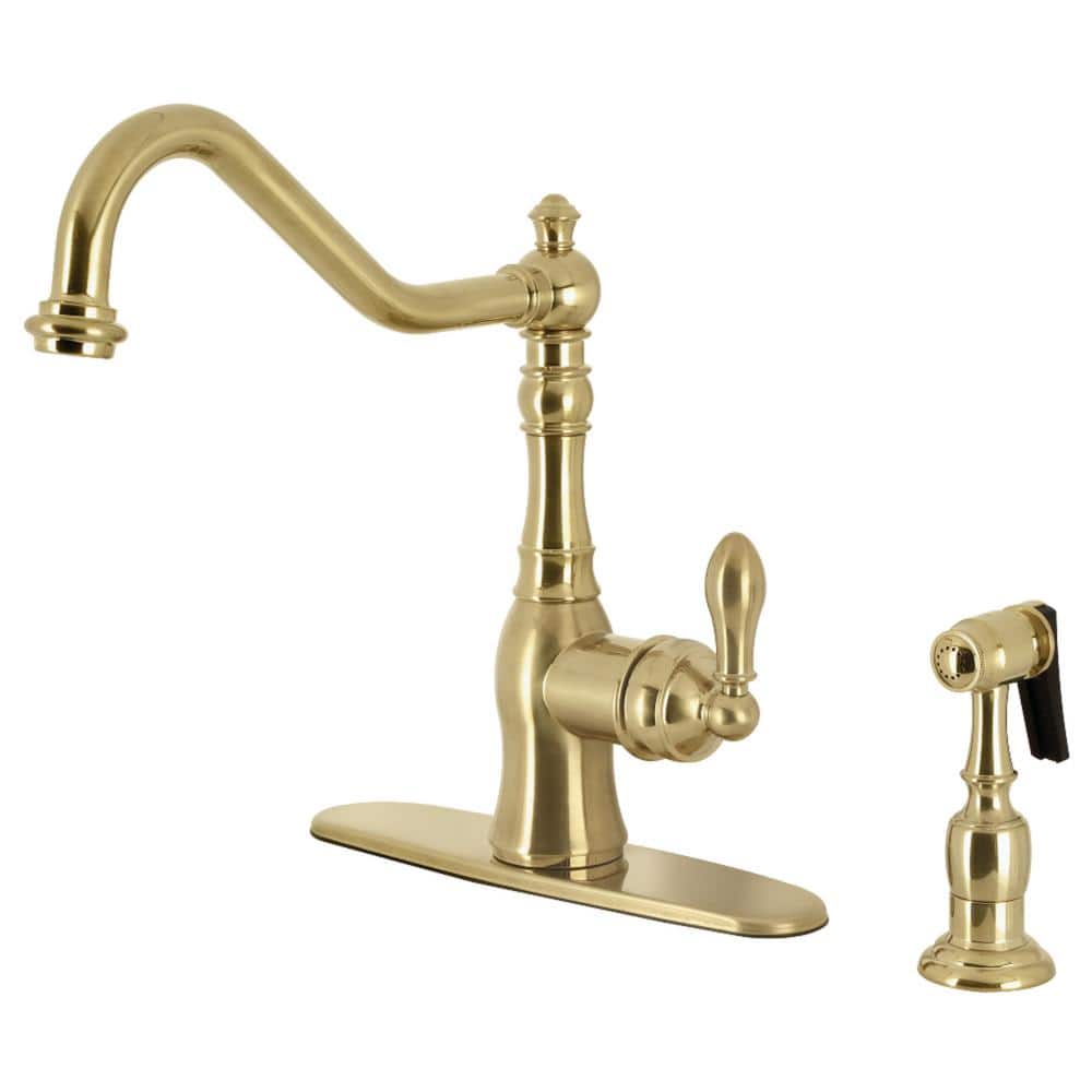 Kingston Brass American Classic Deck Mount Single Handle Standard Kitchen Faucet with Sprayer in ...