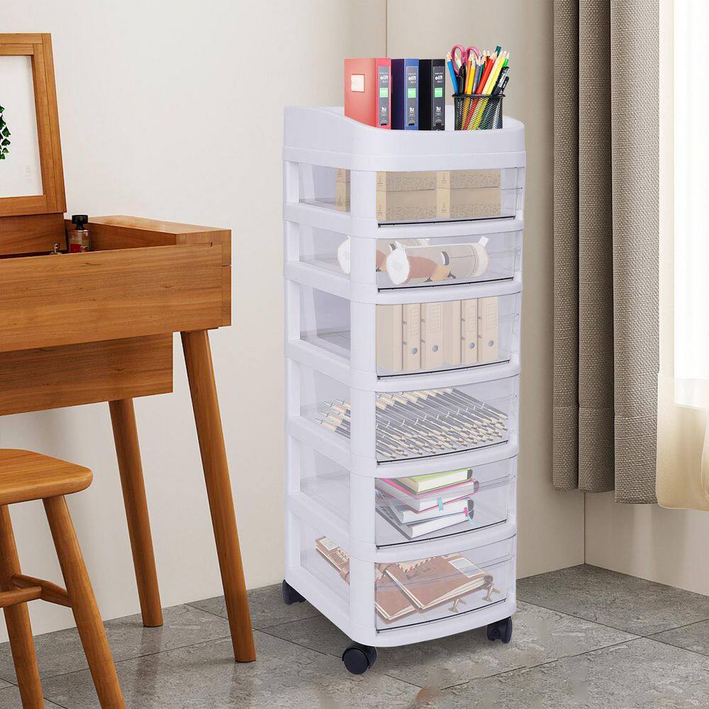White 6-Tier Plastic Rolling Storage Cart with Clear Drawers