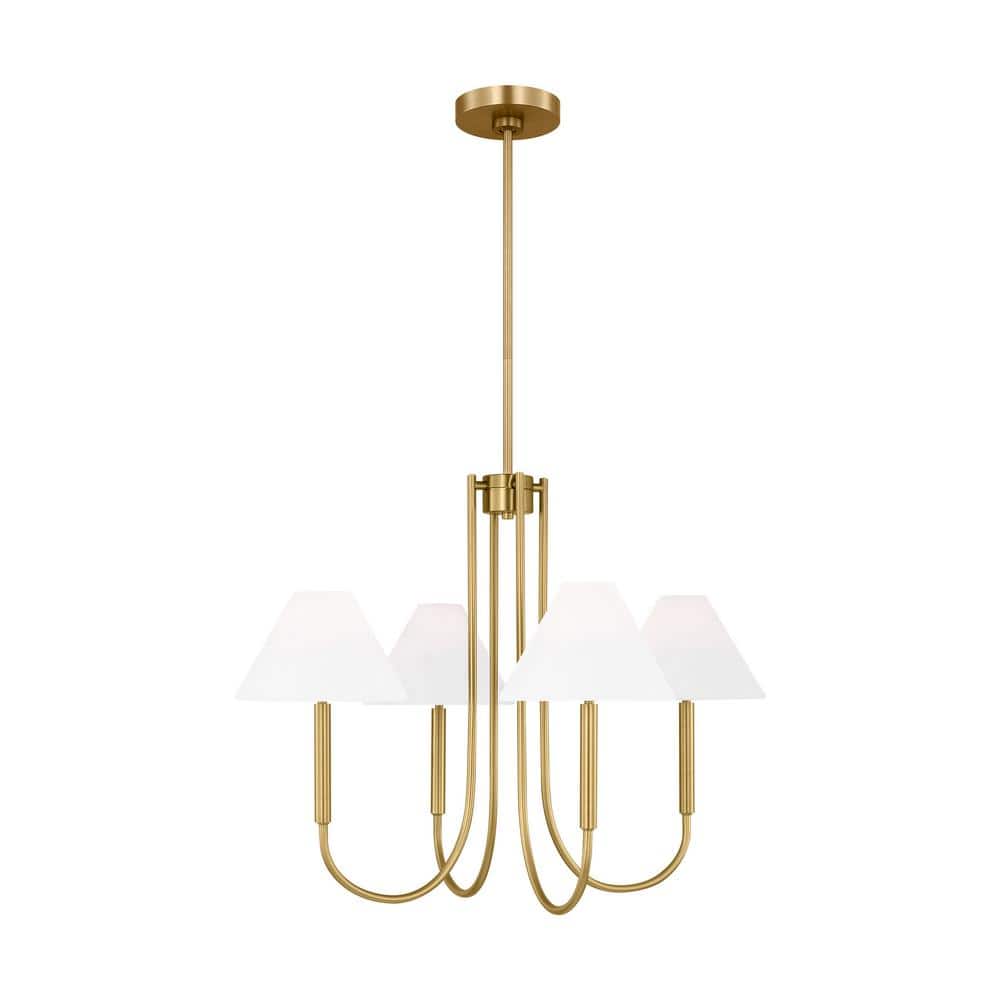 Satin Brass 5-Light Chandelier with White Linen Shades
