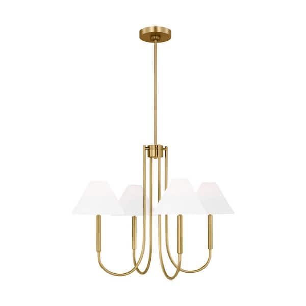SCOTT LIVING Porteau 5-Light Satin Brass Medium Chandelier with White Linen Fabric Shades