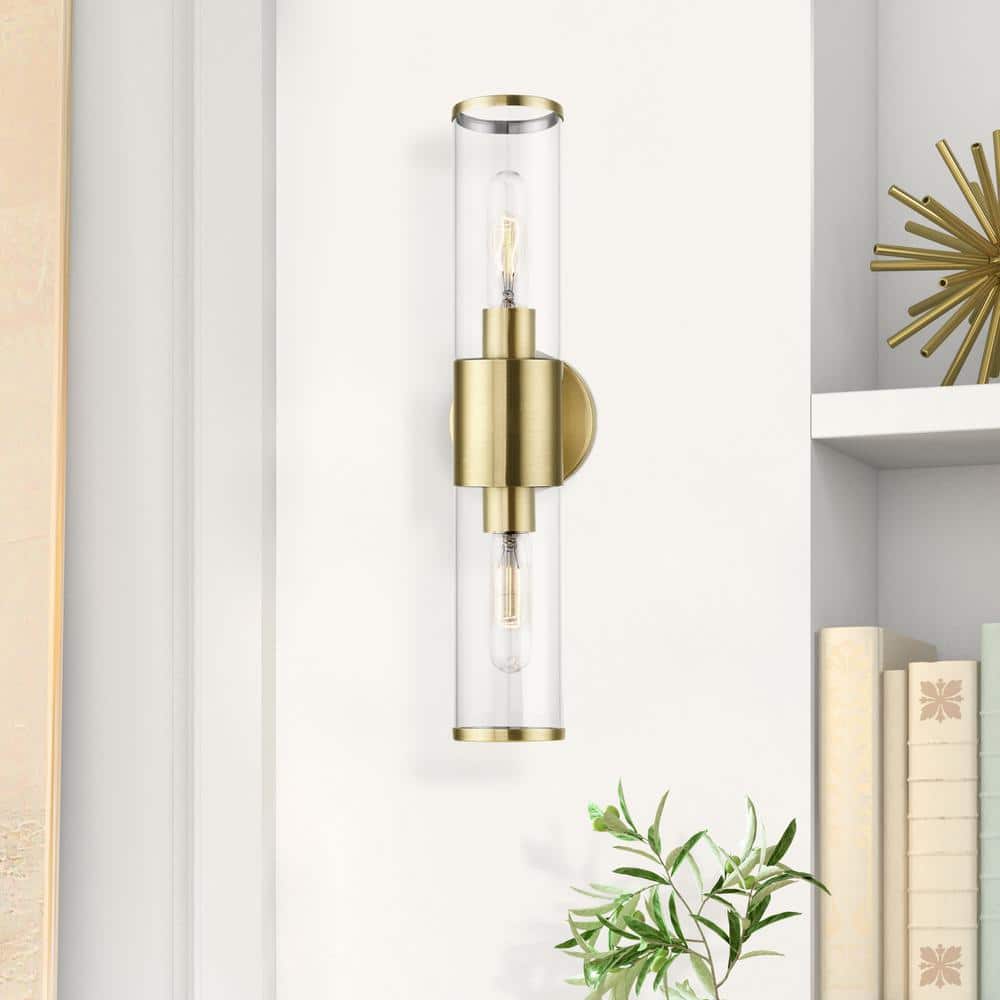 Antique Brass Dual Cylinder Vanity Sconce with Dimmable Lighting