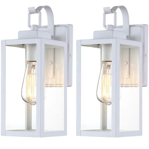 14 in Modern Matte White Hardwired Outdoor Wall Lantern Sconce with Clear Glass, No Bulbs Included