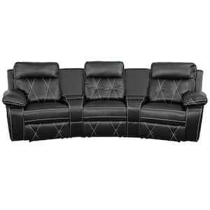 Reel Comfort Series 3-Seat Reclining Black Leather Theater Seating Unit with Curved Cup Holders
