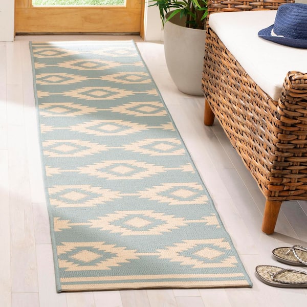 Linden Cream/Aqua 2 ft. x 8 ft. Geometric Diamonds Indoor/Outdoor Runner Rug