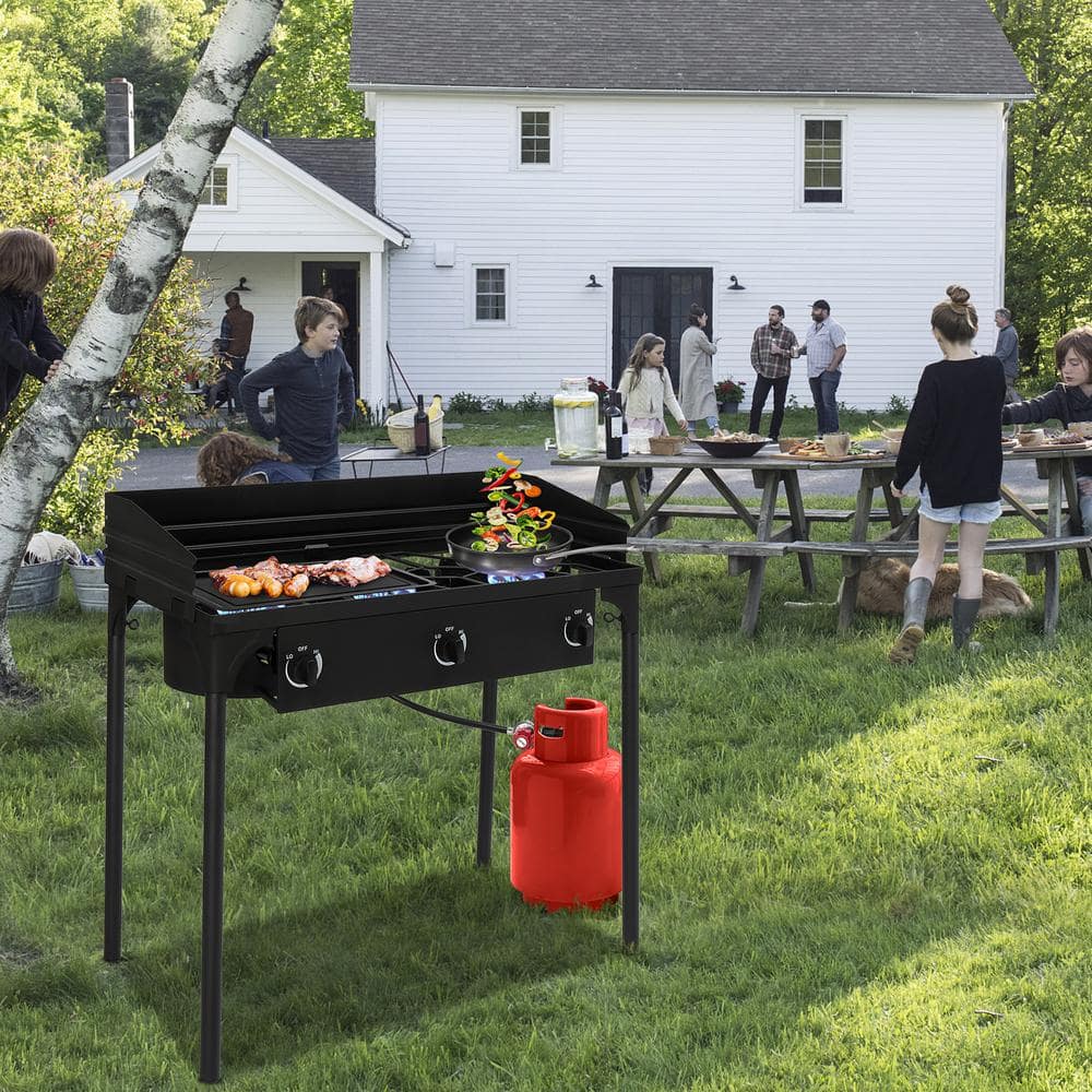 Portable Black 3-Burner Propane Gas Grill with Folding Shelves