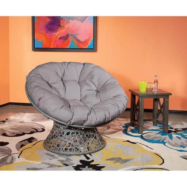 OSP Home Furnishings Papasan Chair with Grey Round Pillow-Top Cushion and Grey frame