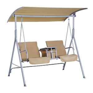 69 in. W 2-Seat Metal Patio Swing in Beige with Cushion, Stand, Pivot Storage Table, 2 Cup Holders and Canopy