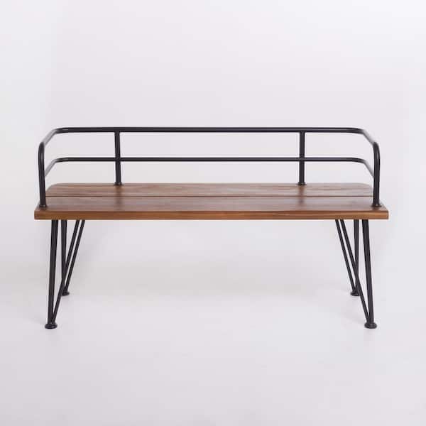 Unbranded Outdoor Wood and Metal bench for Garden Patio, Dark Grey Metal Frame and Teak Colored Bench Top