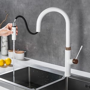 Single Handle Wall Mount Gooseneck Pull Down Sprayer Kitchen Faucet in White