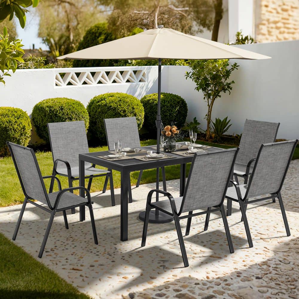PamaPic 6-Person Patio Dining Set, Textilene Stackable Chairs and