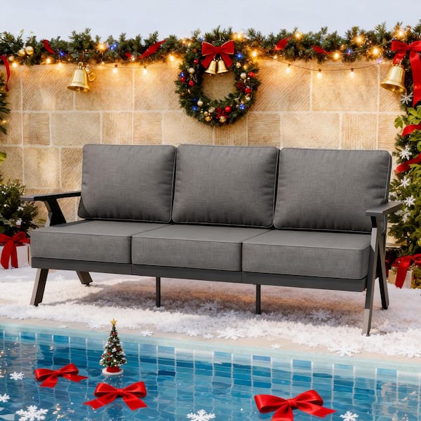 Modern Patio Metal Outdoor Loveseat Three-Seater Sofa, Rust Resistant Frame with Weather Resistant Gray Cushions