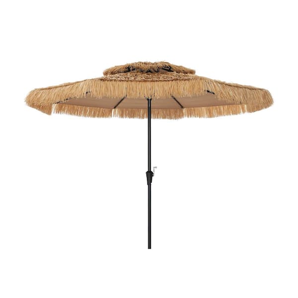 Clihome 9 ft. Double Top Brown Patio Umbrella in Brown w/ Steel 8-Rib Frame,Faux Thatch PE Trim,Water-Resistant Polyester Canopy