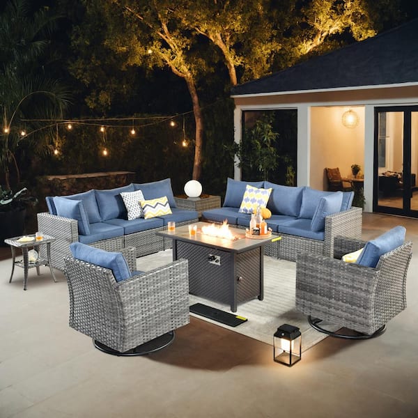Echo 11-Piece Wicker Patio Rectangular Fire Pit Set with Denim Blue Cushions and Swivel Rocking Chairs