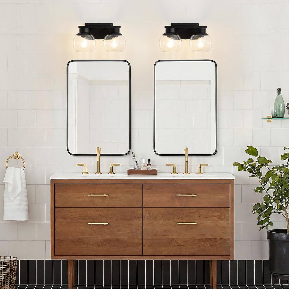 Black Metal 2-Light Bathroom Vanity Fixture with Clear Glass Shades