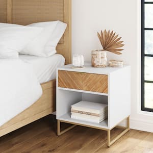 Kensi 1-Drawer White Nightstand Gold Metal Base with Open Cubby for Storage and Drawer 22 in. x 19 in. x 17 in.