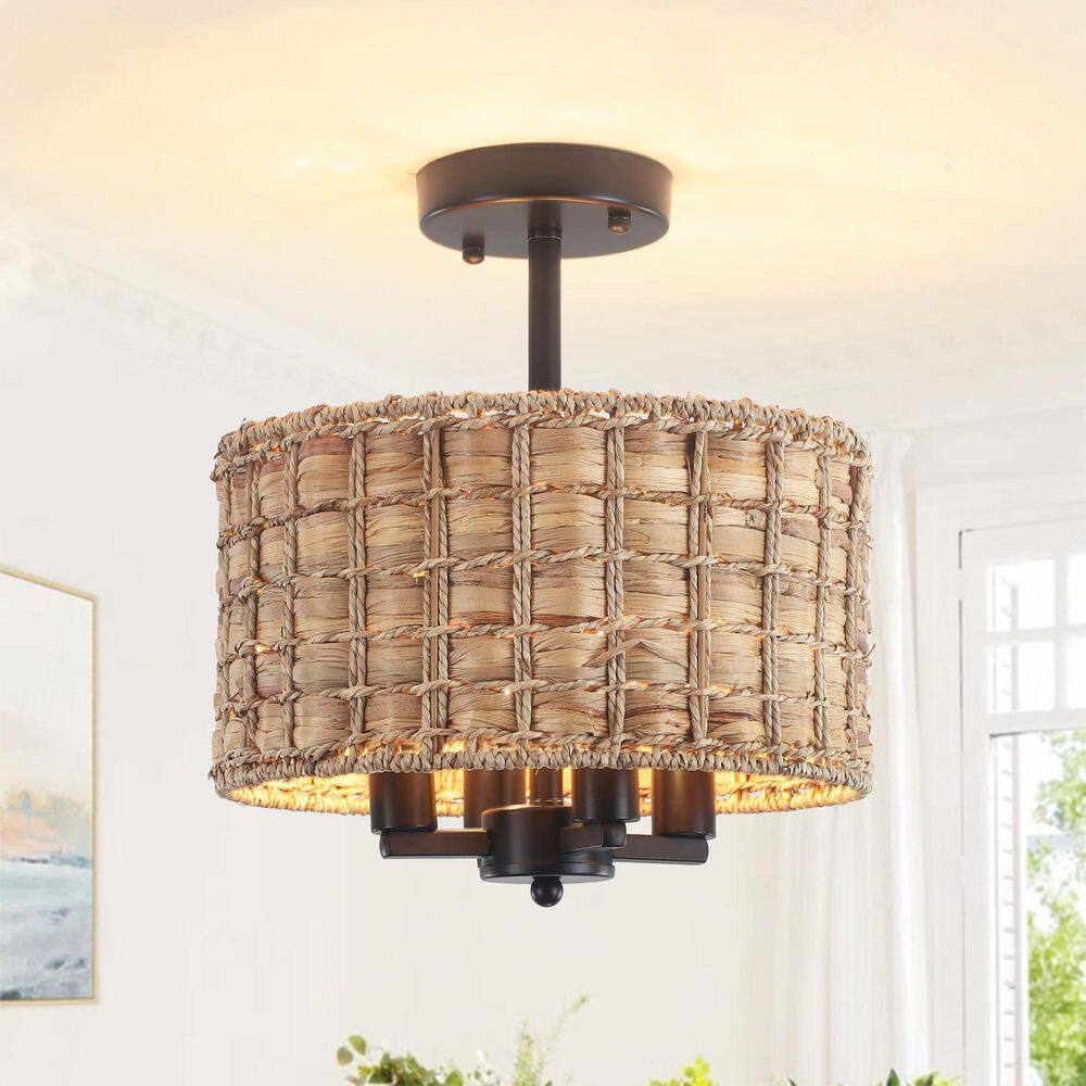 4-Light 11.81 in. Black Bohemian Drum Semi-Flush Mount with Hand-Woven Shade-Ideal for Hallway or Entryway (No Bulbs) price history on PriceWatchPro