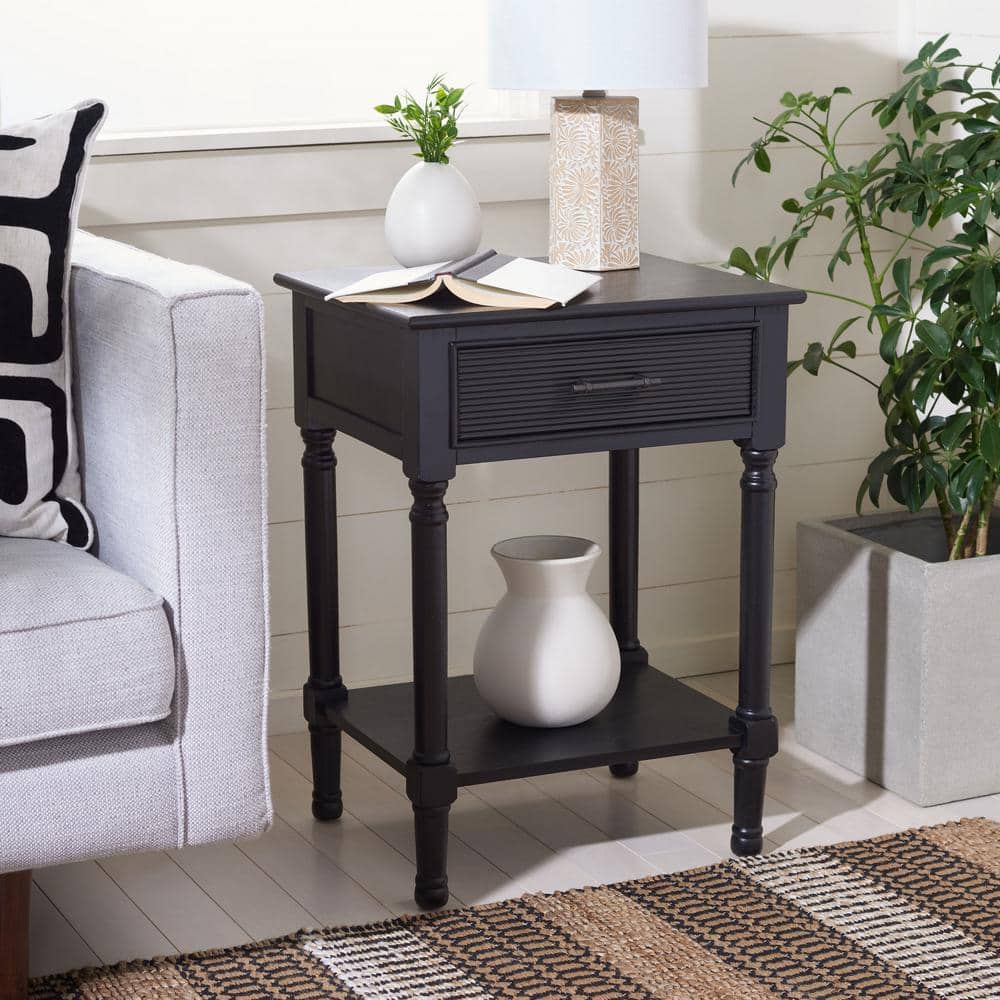 Black Wood Rectangular Accent Table with Storage Drawer
