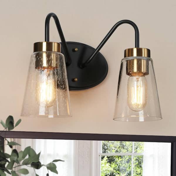 Transitional 12.5 in. 2-Lights Brass and Black Wall Sconce with Seeded Glass Shade Wall Lamp, Bathroom Vanity Light