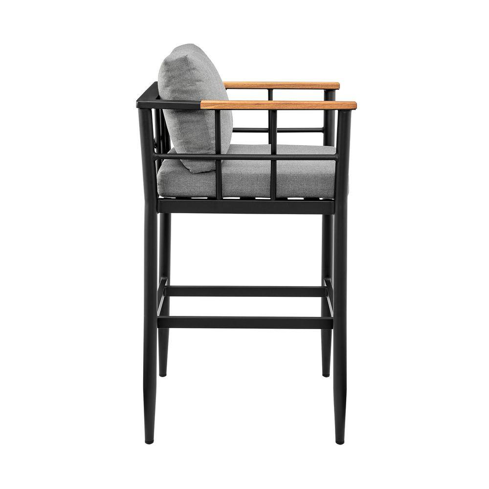 Gray Aluminum and Teak Outdoor Bar Stool with Cushions