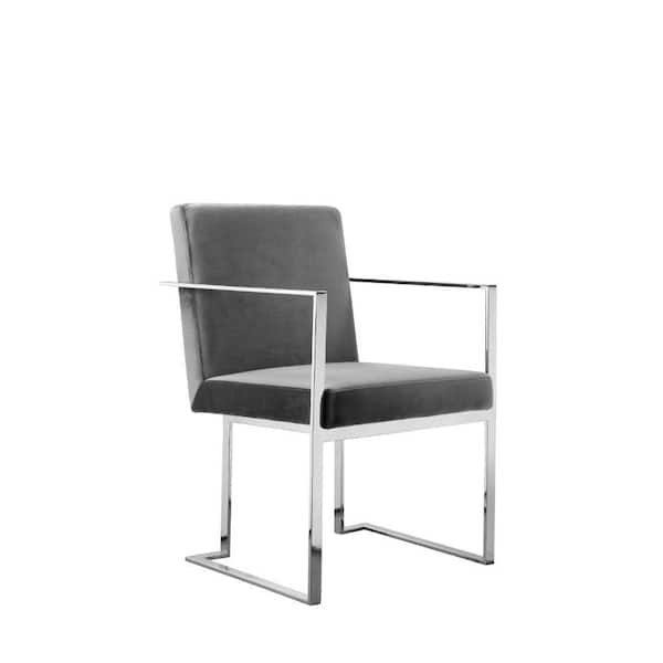 Benjara Gray and Chrome Velvet Metal Frame Dining Armchair