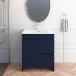 Mace 30 in. W x 18 in. D x 34 in. H Bath Vanity in Navy with White Ceramic Top and Right-Side Drawers