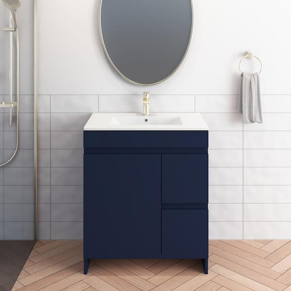 VOLPA USA AMERICAN CRAFTED VANITIES Mace 30 in. W x 18 in. D x 34 in. H Bath Vanity in Navy with White Ceramic Top and Right-Side Drawers