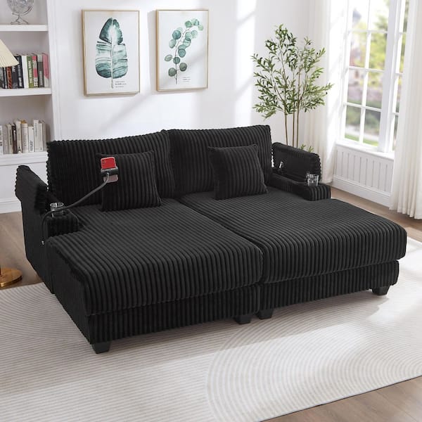 Falmare Black Corduroy Polyester Upholstered Double Chaise Lounge Sofa Bed Sleeper Sofa with Adjustable Back, Cup Holder